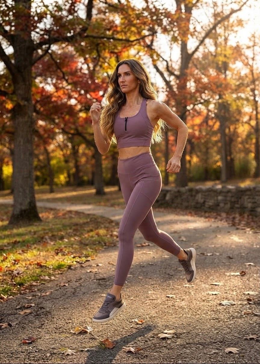 Woman running on a golden autumn path in mauve activewear