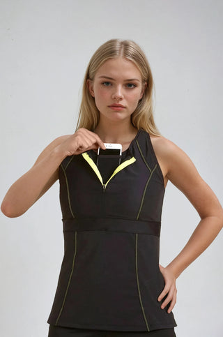 Zephyr Tank Top w/ Built-In Sports Bra & EMF Safety Cell Phone Pocket - blk/blk/ylw/ylw - SportPort Active